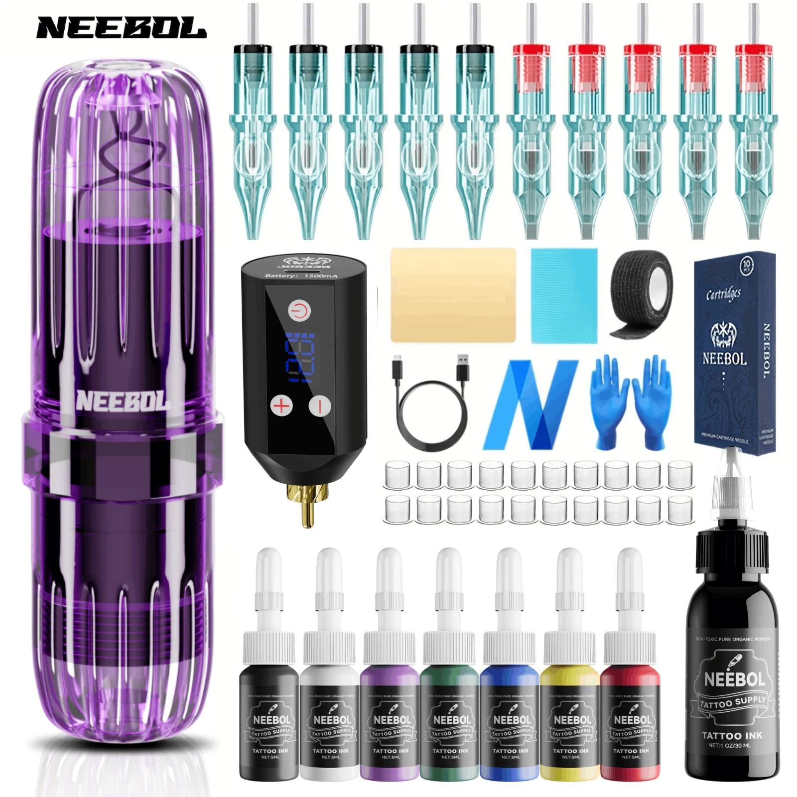 

Полный набор для татуировки — универсальный набор Neebol с машиной, блоком питания и аксессуарами. Портативный, готовый к использованию для начинающих