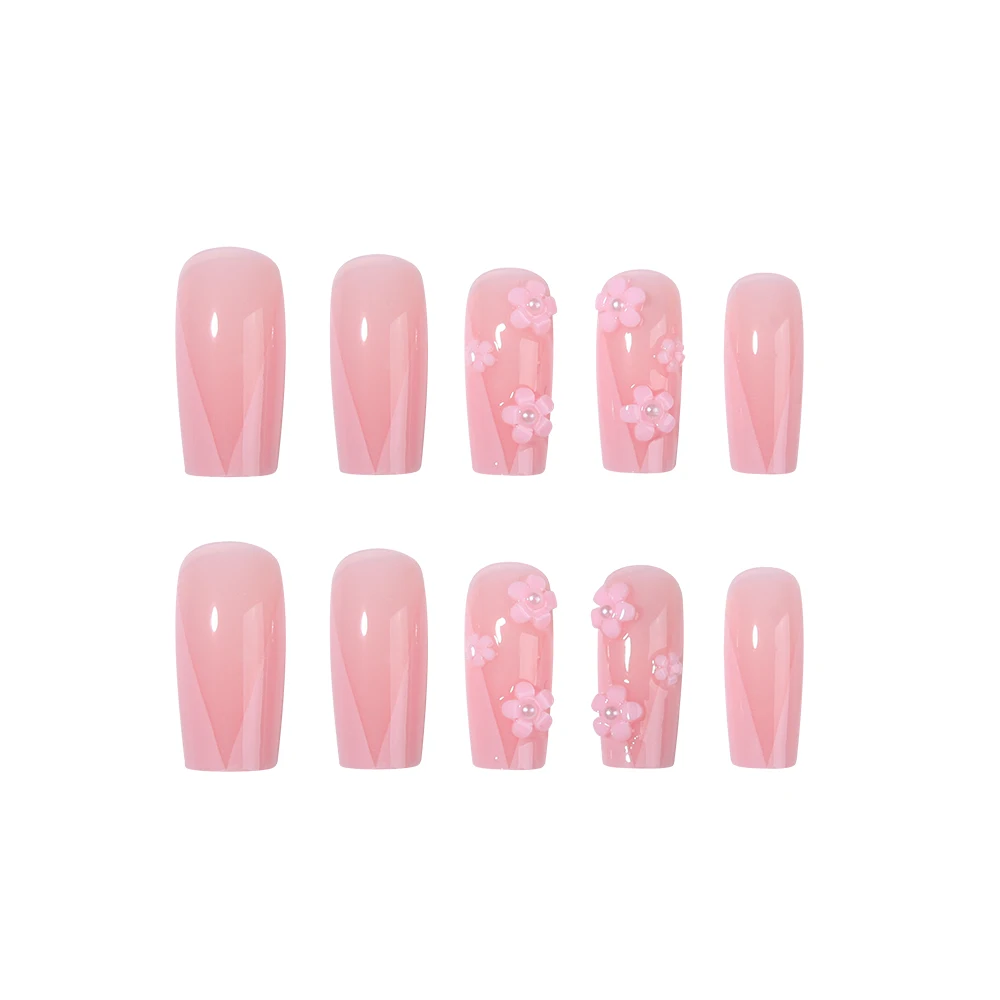 24 قطعة/المجموعة اضغط على أطراف الأظافر تزيين بالأزهار الوردية الفرنسية الاكريليك وهمية الأظافر، تناسب تماما وتصميم متوسط الطول للحلقة