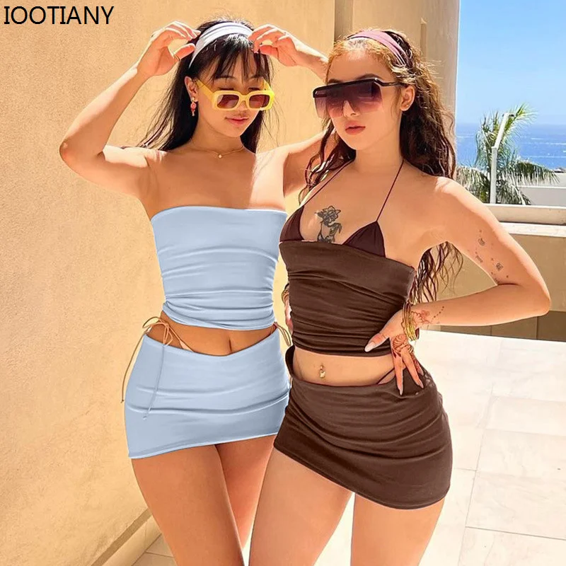 

2024 Sexy Strapless Crop Top And Mini Skirt Suits 2 Piece Set Fashion Casual One Word Bust Slim Short Skirt Suit Women Clothing