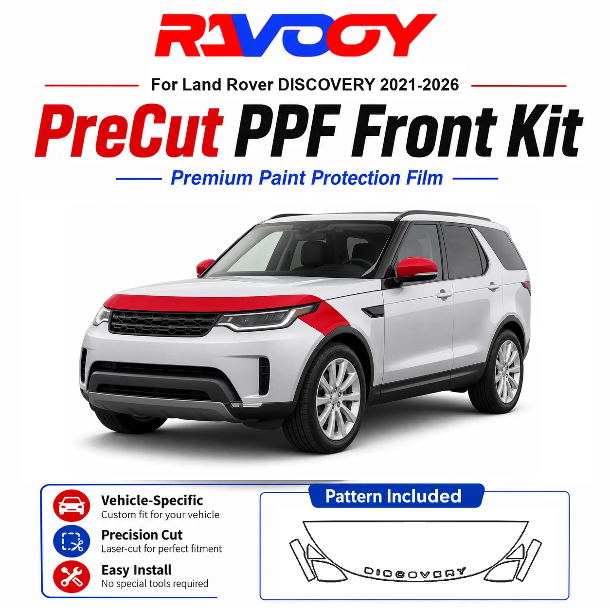 Kit de protection PPF pré-découpé en TPU 8,5 mil pour Land Rover DISCOVERY 2021-2026 - Ensemble capot, ailes et rétroviseurs - Film transparent auto-réparant
