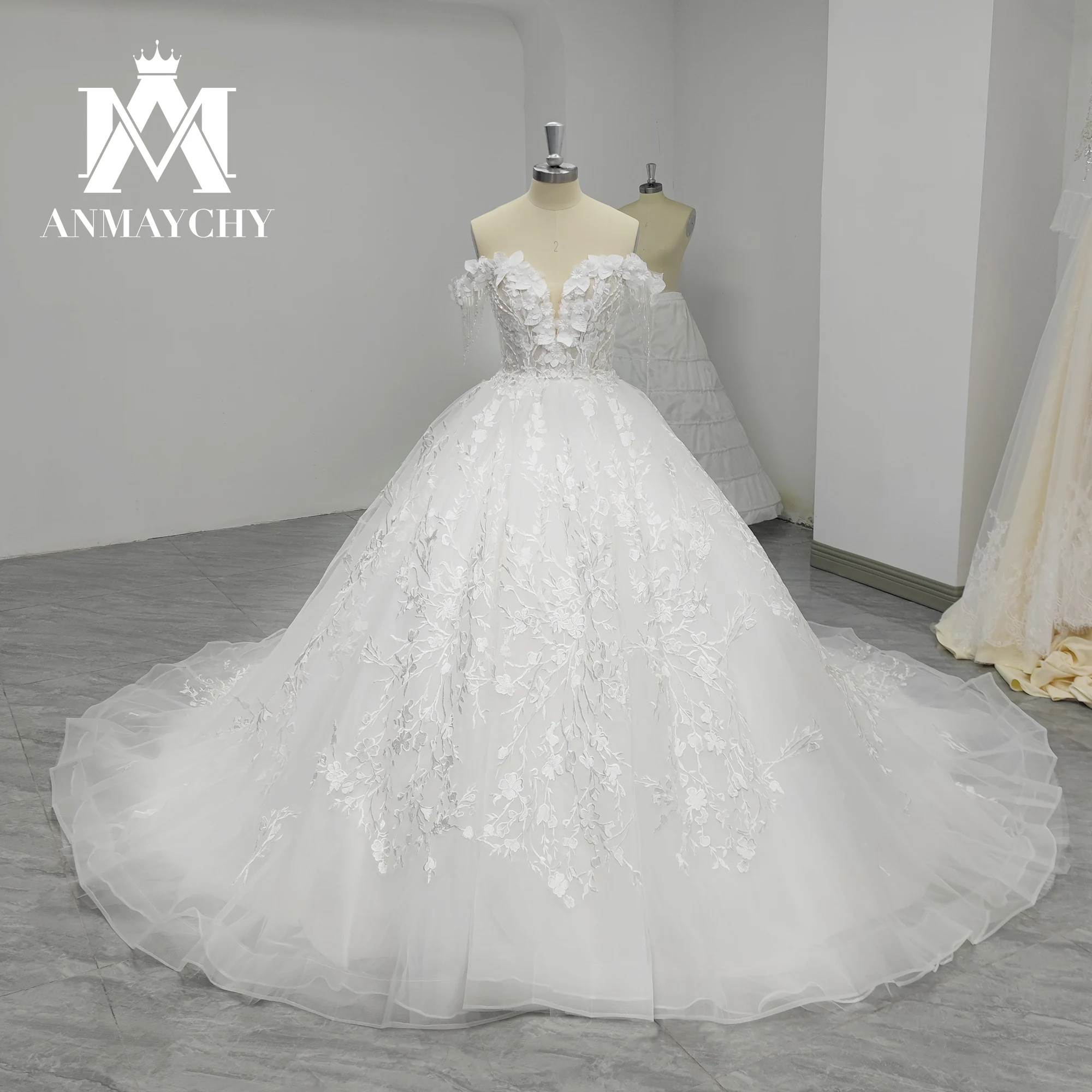 ANMAYCHY  A-Line Luxury Wedding Dresses For Women 2022 Off the Shoulder Beading 3D Flowers TASSEL Wedding Gown Vestidos De Novia