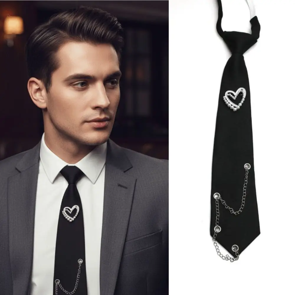 Creative Gift Adjustable Tie with Metal Chain JK Preppy Polyester Pre-tied Necktie Black Color Cravat
