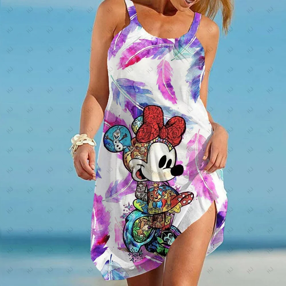 Disney-Vestido feminino com estampa Minnie e Mickey Mouse, ombro fora, O Neck, sem mangas, estilingue, Beach Design, Sexy, Elegante, Verão