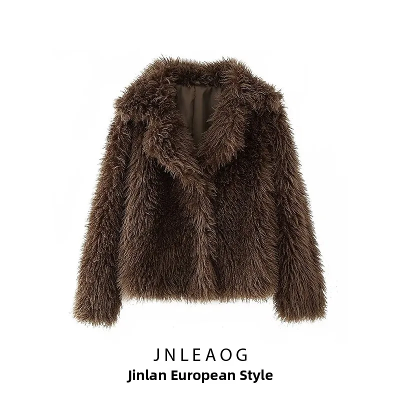 JNLEAOG Modny, uniwersalny płaszcz z efektem sztucznego futra, nowy jesienny model damski, styl uliczny, długi płaszcz.