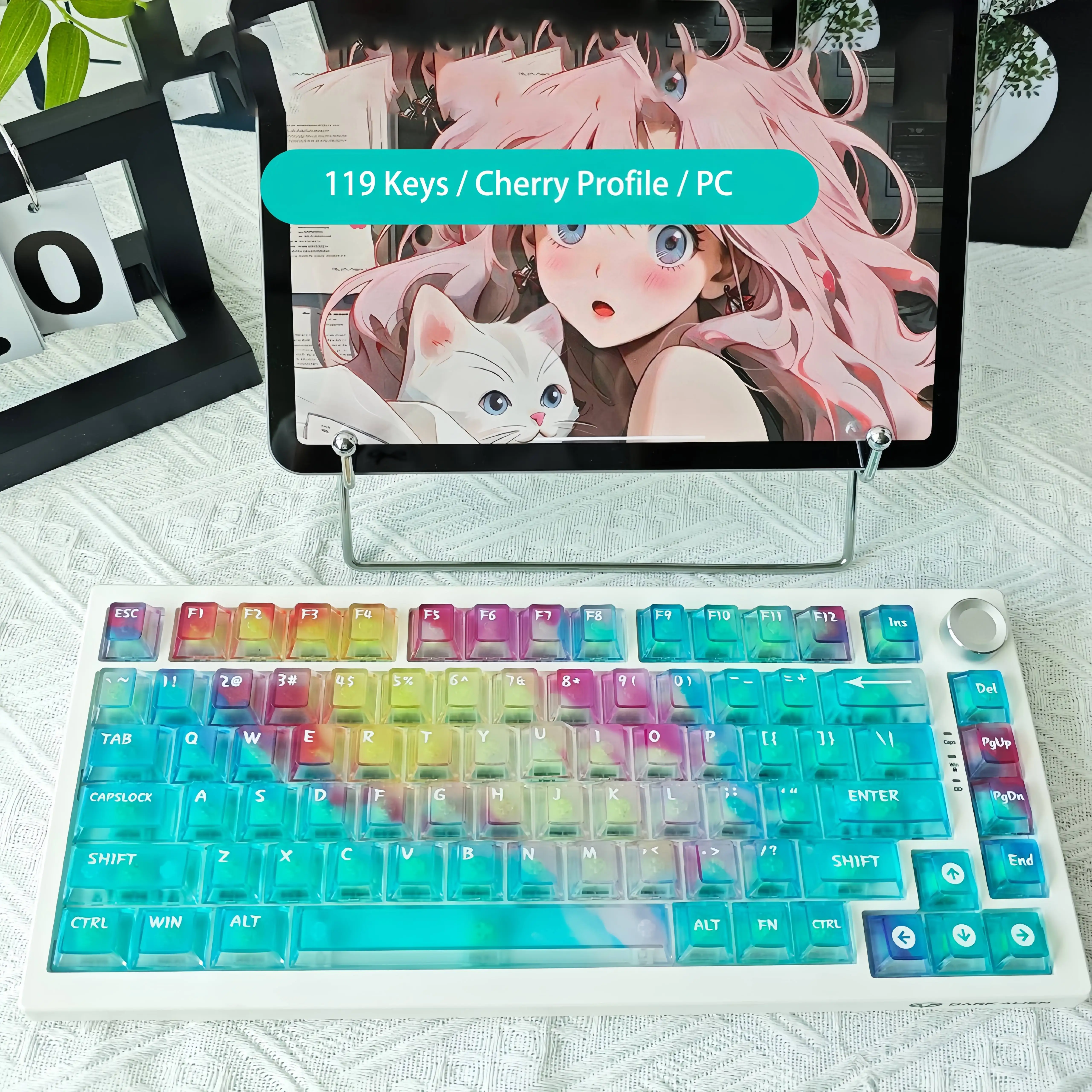 

Rainbow Foggy Transparent Shine Through PC Keycap Set 119 Keys Cherry Profile for RGB MX Switch Mechanical Keyboard