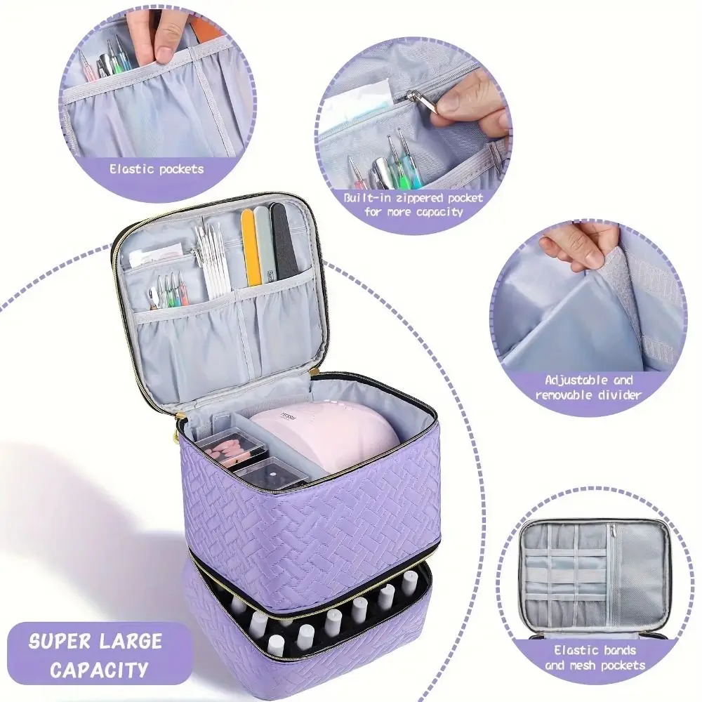 Double Layer Nail Polish Organizer Bag Large Capacity Handheld Nail Care Kit Bag 30 Compartment Cosmetic Bag for Nail Lovers