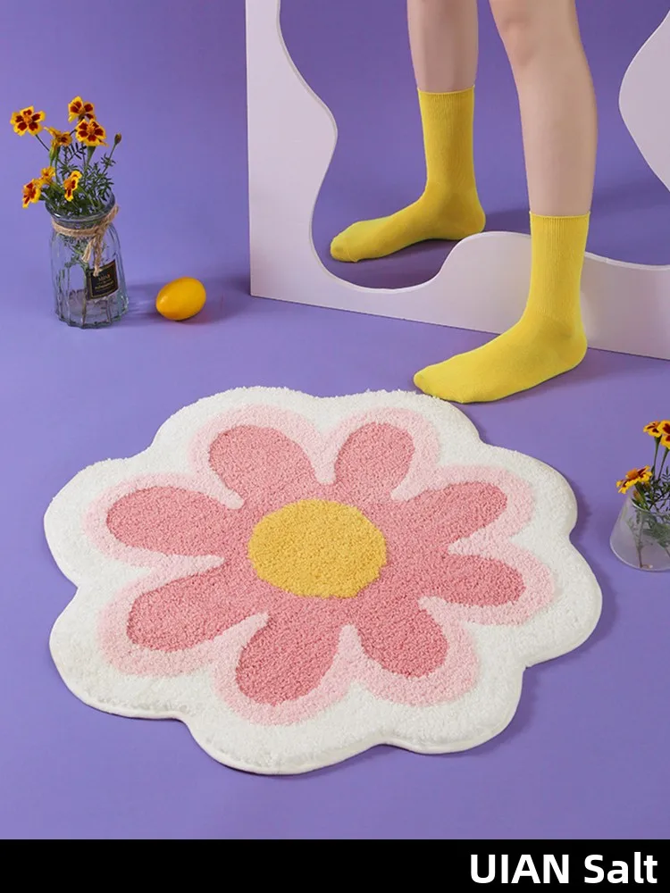 Non-Slip round Carpet Absorbent Bedroom Living Room Entrance Door Mat Bathroom Floor Rug Floral Pattern Machine Washable