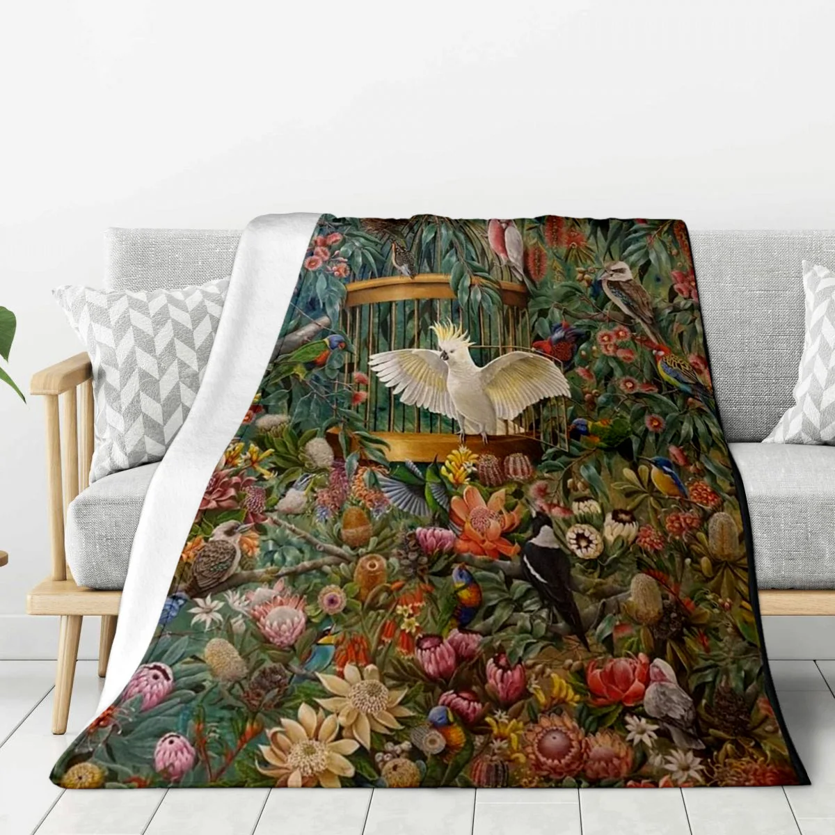 Lush Green Jungle Background All Kinds Parrot Cockatoo Birdcage Tropical Bird Full Print Fluffy Blanket Warm Couch Cover Gift