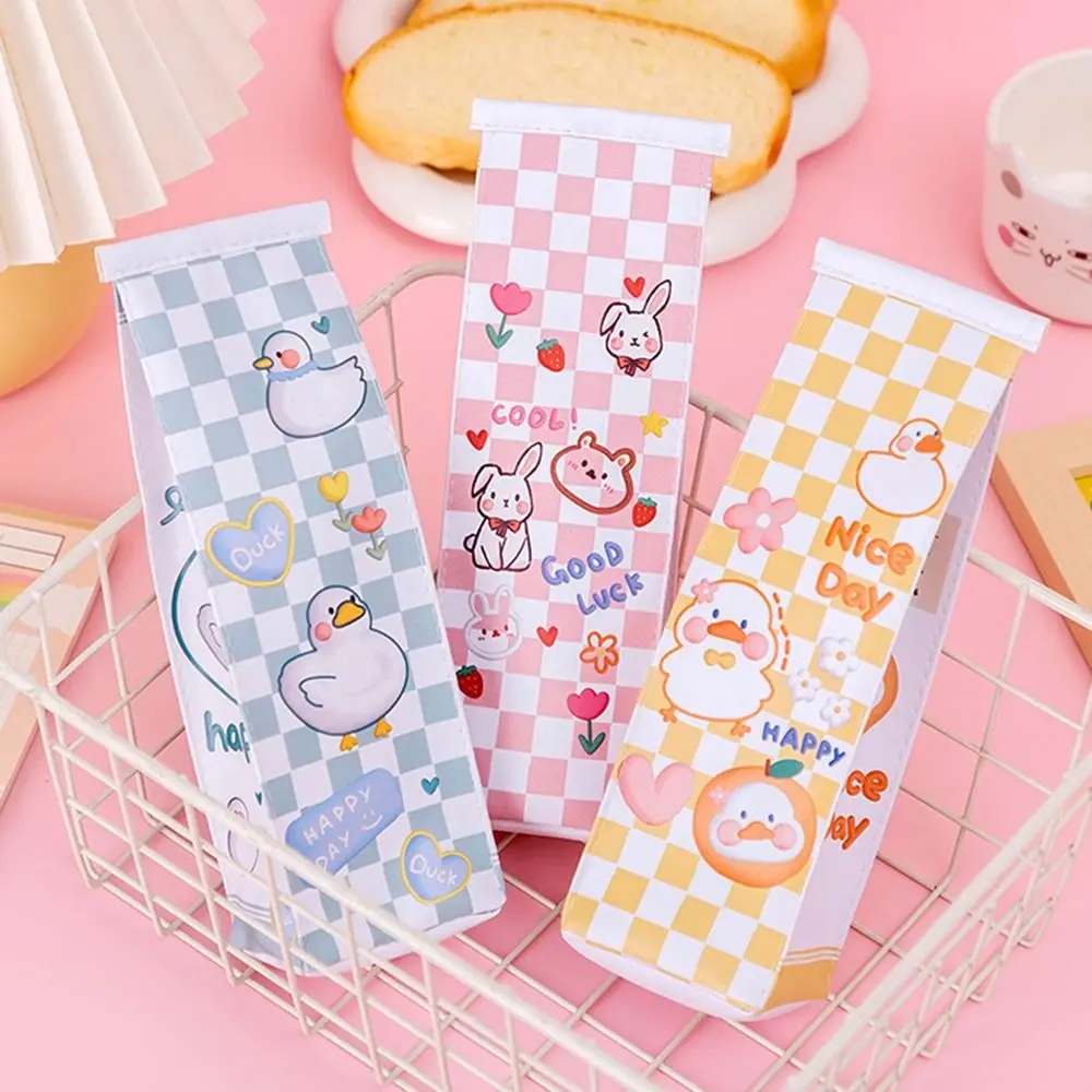 PU Leather Checkerboard Grid Pencil Case Kawaii Creativity Cartoon Pen Bags Girl Heart Large Capacity Stationery Bag Children