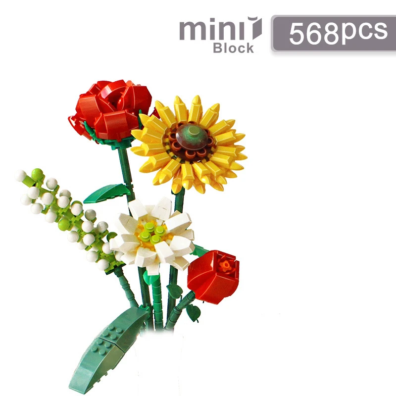 NONE Romantische Rosen, Blumen, Sonnenblumen, Narzissen, Gärten, Haus, Bausteine, klassisches Modell, Mini-Steine, Sets, Kinder-Sets 5