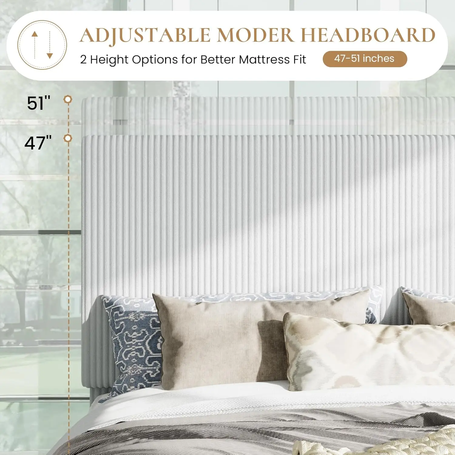 Velvet King Platform Bed Frame Vertical Tufted Headboard Corduroy Wooden Slats No Box Spring Easy Assembly White, Customized view 5