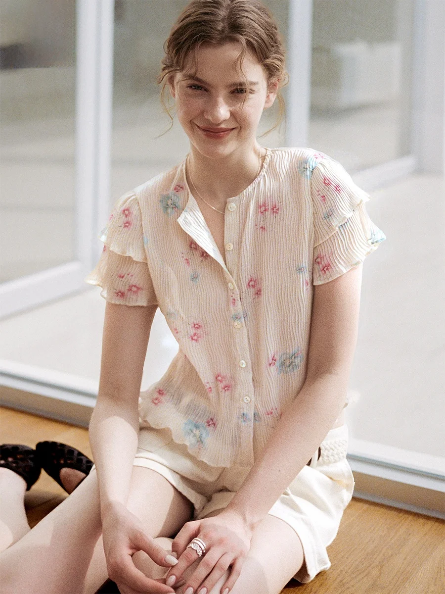 

Even Vintage Spring Summer Short Sleeve Floral Print Henry Collar Pink Blue Wave Sleeve Top Elegant Style Women's Fashion