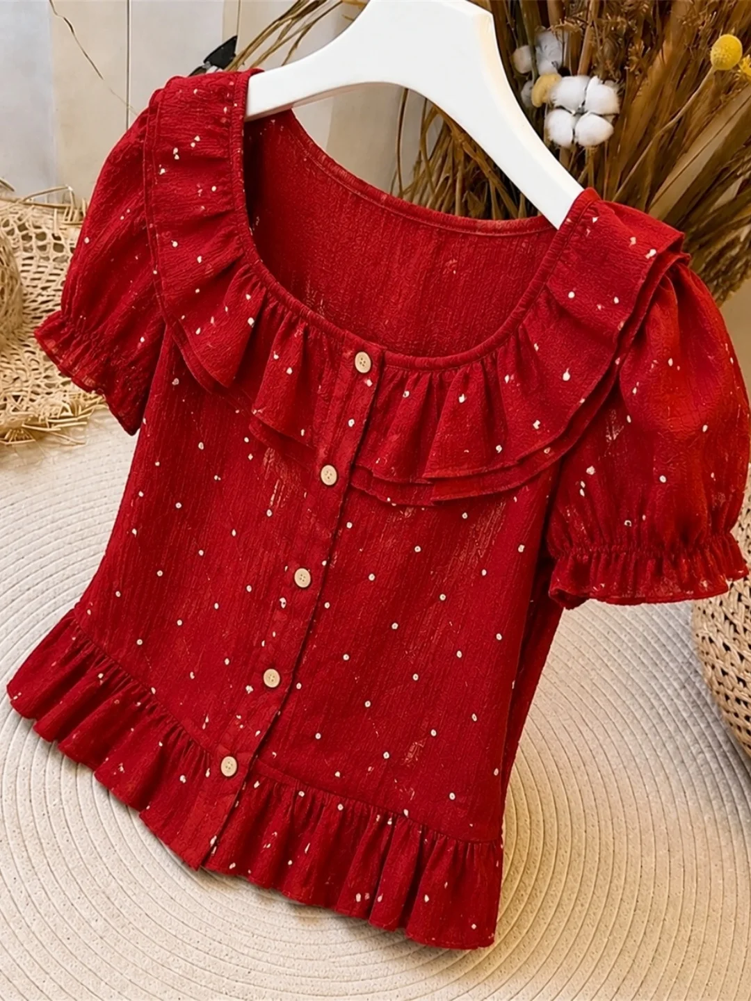 

Fashionable Polka Dot Shirt Short Sleeve Commute Versatile Single Button Design Spring Summer New Arrival Women's Premium Blouse