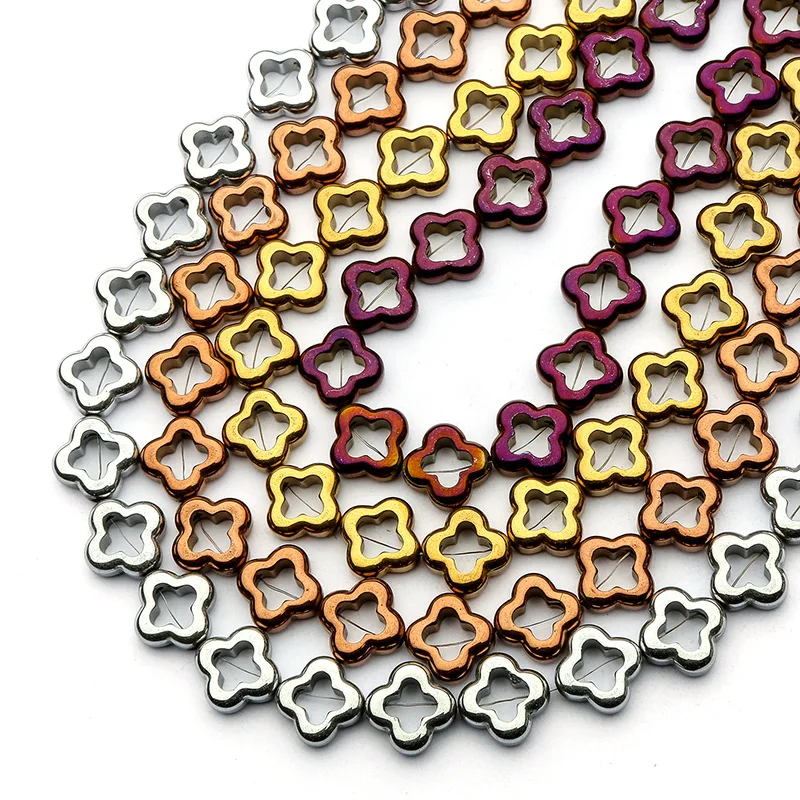 12mm Natural Stone Hematite Colorful Plating Four-leaf Clover Highgrade Handmade Jewelry Making DIY Bracelet Necklace Parts 15\'\'