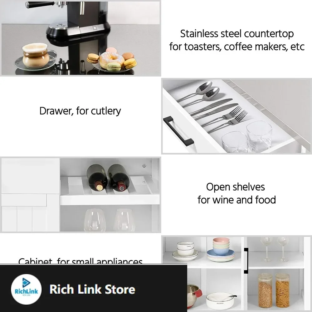 Kitchen Island Cart with Stainless Steel Top, Rolling Storage Cabinet on Wheels with Drawer& Wine Rack & Spice Rack, Sideboard