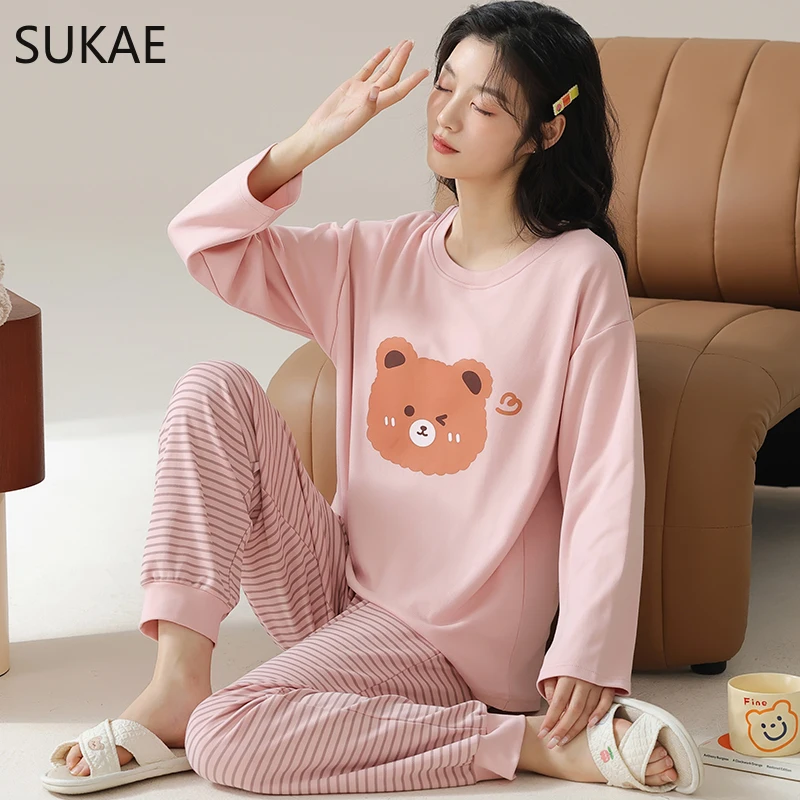 SUKAE Spring New Women Pajamas Set Casual Girls Sleepwear Leisure Loungewear Lady\'s Pijamas Long Sleeves Faux Cotton Nightwear