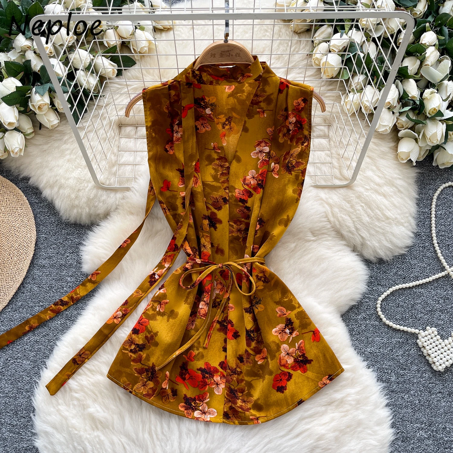 

Neploe New Office Lady All-match Luxury Crop Top Women Summer Advanced Lace Up Blouses Slim Waist Lace Up Print Loose Fresh Tops