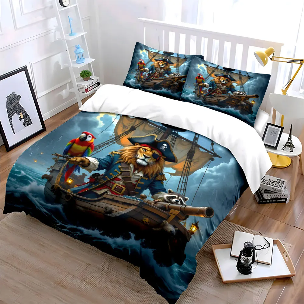 Pirate lion captain sailing with companions Printed Duvet Cover Set 1 Duvet Cover+2 Pillowcase Multi Size Bedroom Bedding Decor