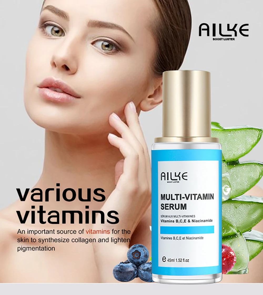 AILKE Multi Vitamin Face Serum, Moisturizing, Whitening, Firming, Removes Dark Spots, Lighten Pigmentation, For All Skin Types