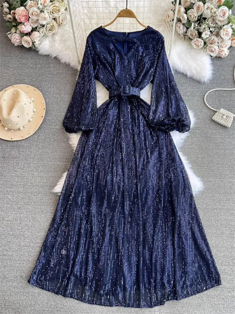 

High End Light Luxury Sequin Dress Women Party Night Temperament Lantern Sleeved V-Neck Waistband Slim Elegant Long Dress z4237