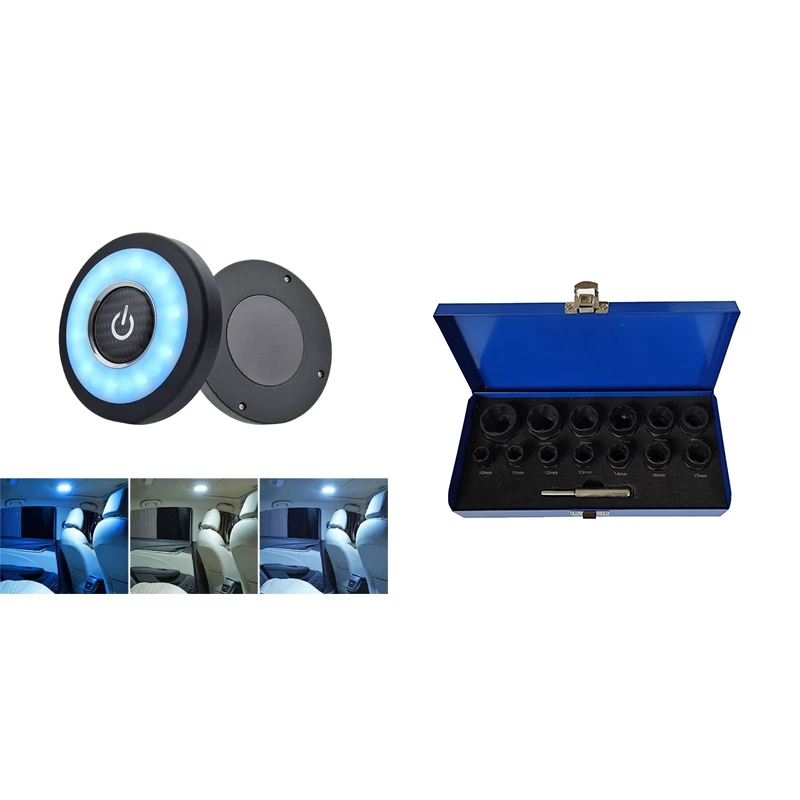 

2 Set Car Accessories:1 Pcs Car Led Magnetic Wireless Light & 1 Set Bolt Nut Screw Remover Extractor Socket Tool Kit