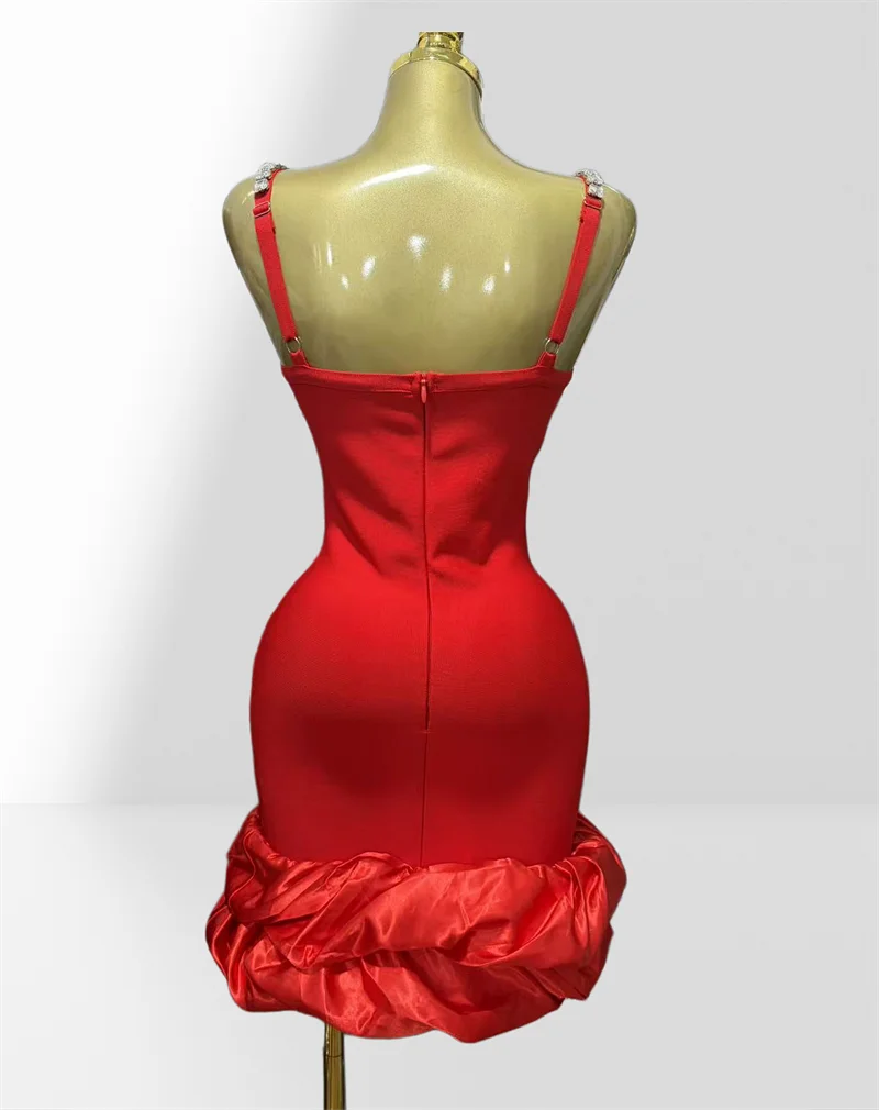 Luxury Cube Sugar Diamonds Spaghetti Starp Ruffled Edge Short Dress Sweet Woman Party Dress Birthday Party Dinner Party Vestido