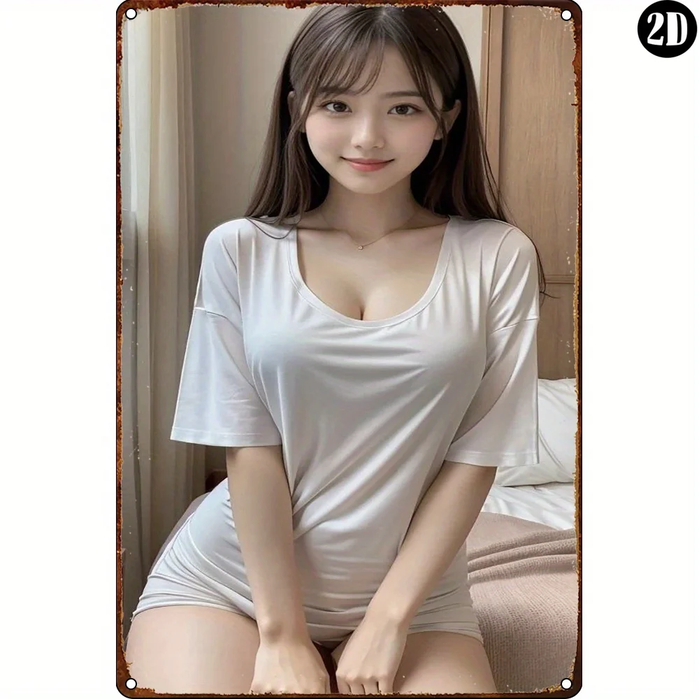 Vintage Sweet Asian Woman Metal Tin Sign - Retro Gentle Girl with Long Brown Hair & Bangs in White Short Sleeve T-Shirt Dress, P