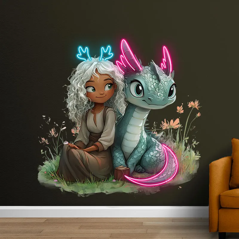 Magical Girl and Dragon Neon Light - Cute Fantasy LED Lamp for Kids Rooms, Night Light, Unique Fairy Tale Design for Home Decor