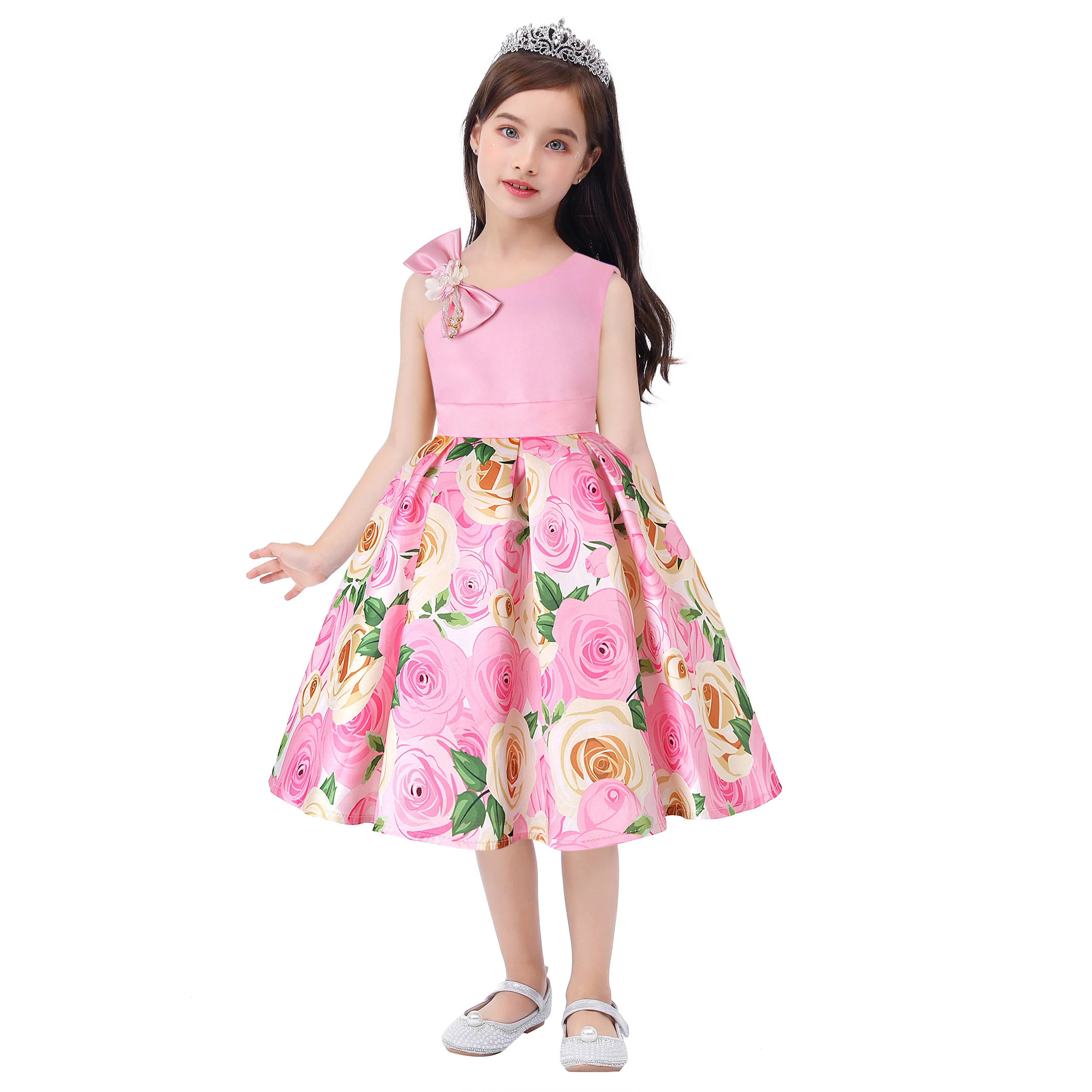 vestido-infantil-para-meninas-com-detalhe-de-um-ombro-so-vestido-com-estampa-de-rosas-para-casamentos-e-eventos-formais-de-2-a-10-anos