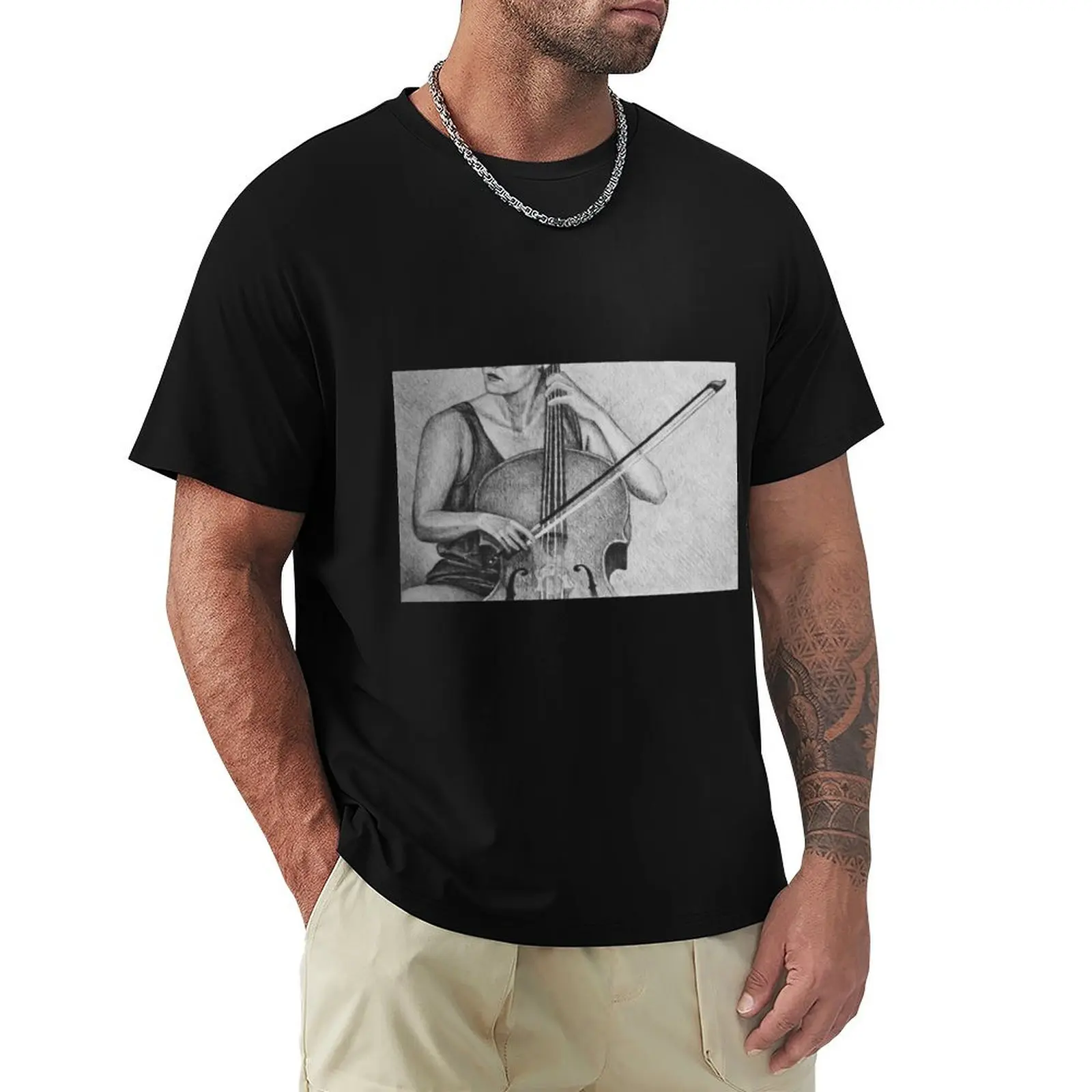 

Cello player drawing. T-Shirt graphic tee shirt boys whites black t shirts for men