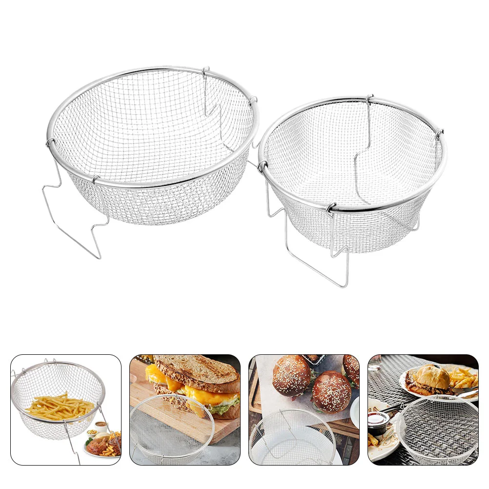 

2 Pcs Stainless Steel Frying Basket Kitchen Strainer Fried with Folding Handle Tool Snack Net French Fries Sieve Deep Fryer Pot