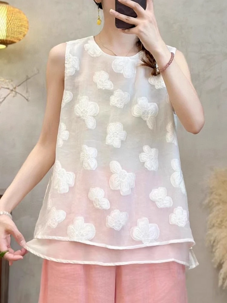 Faionable Gilet rotondo ricamato Ne Svel da donna Estate New Sle Large Size Fat MM Capispalla Top Materiale in poliestere