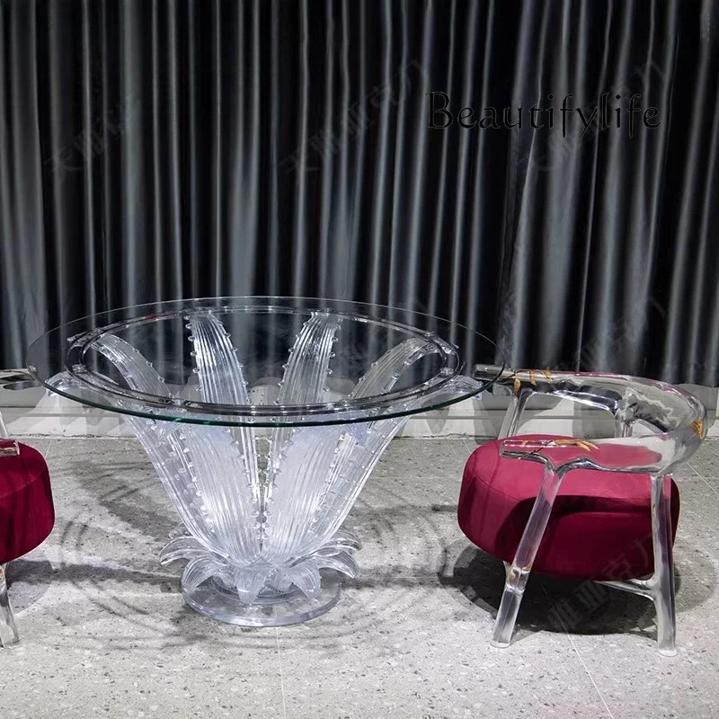 N45 Resin cactus dining table transparent ring material round dining table custom high-end villa living room dining table
