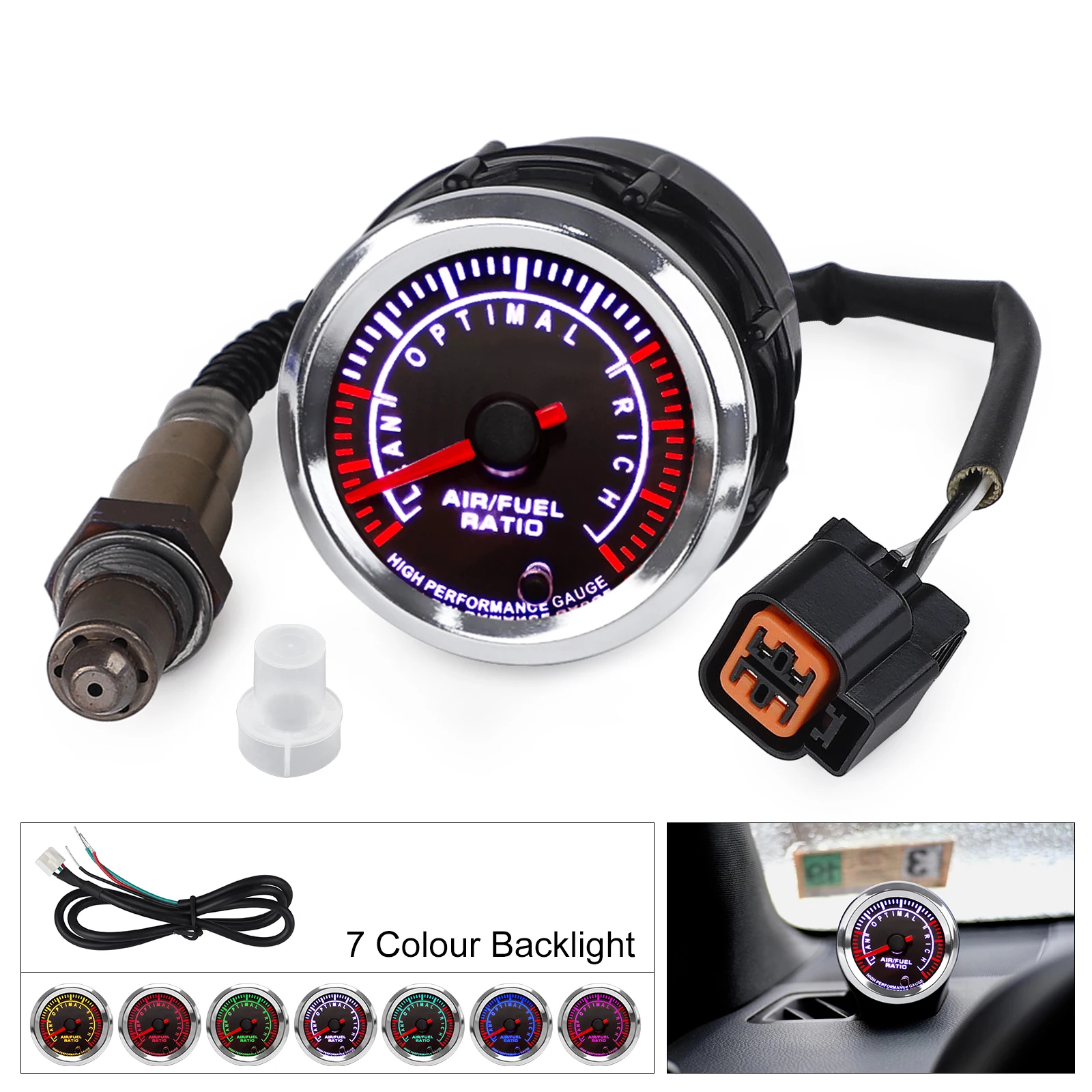 Universal Car 2'' 52mm Air Fuel Ratio AFR Meter 12V Air Fuel Ratio Gauge 7 Colors Display Narrowband With Sensor