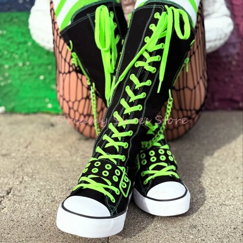 Metal Chain Lace-Up Flat Canvas Boots Women Side Zipper Belt Buckle Knee High Boots Fashion Mixed Color Cross Tied Leisure Shoes