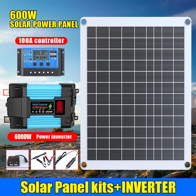110V 220V Solar Panel System 600W Solar Panel 12V Battery Charger Controller 6000W Inverter Kit Complete Power Bank For Camping