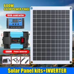 110V 220V Solar Panel System 600W Solar Panel 12V Battery Charger Controller 6000W  Inverter Kit Complete Power Bank For Camping