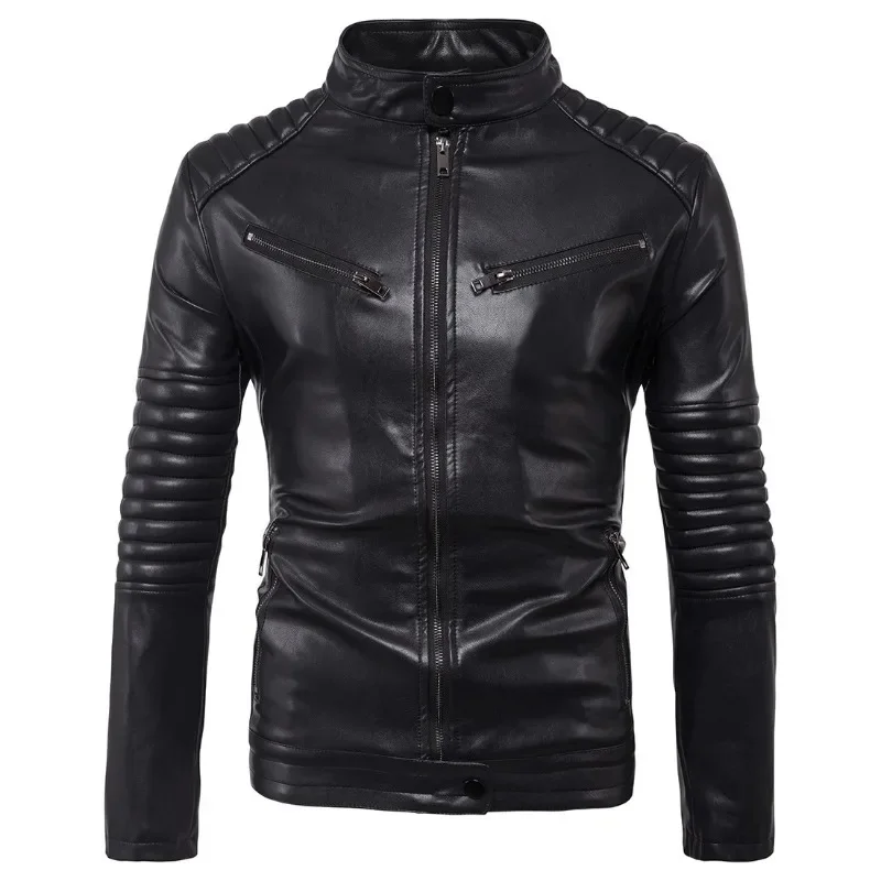 2023 New Fashion Slim-Fitting Biker Coat Men Casual Versatile Solid Color Stand Collar Large Size Leather Jacket