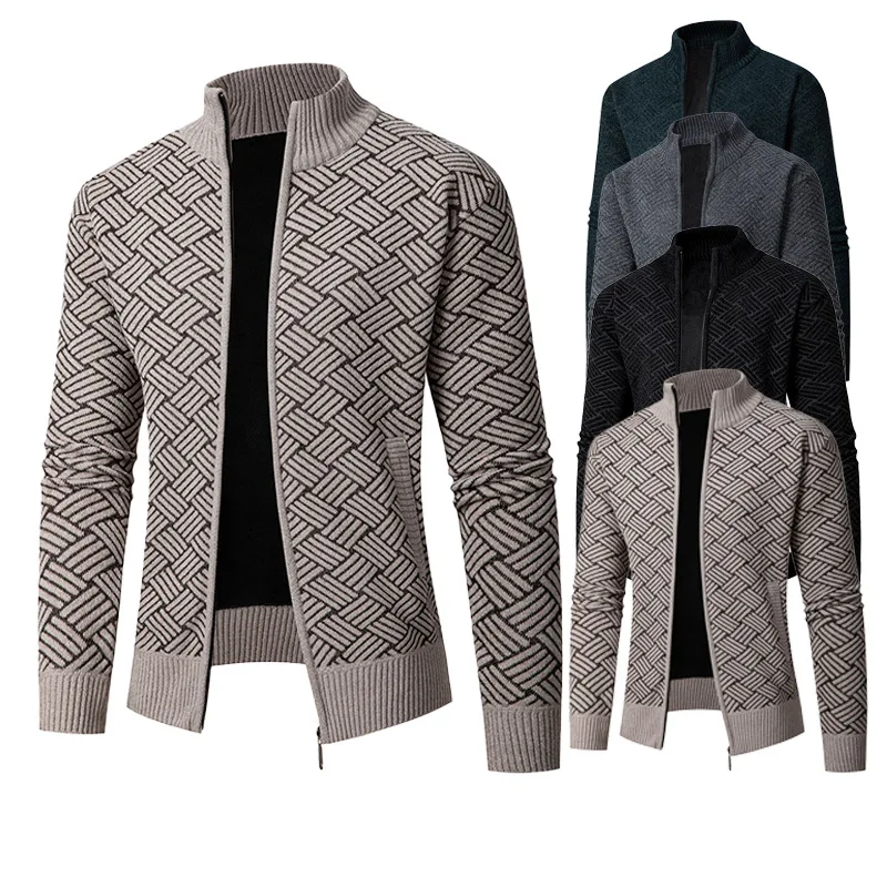 

Faionable Men's Spring Autumn Stand Collar Jaet Sweater Cardigan Thiened Long Sve Geometric Pattern Coolmax Fiber