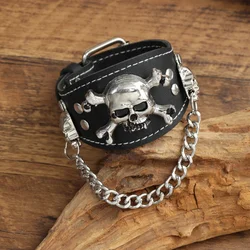 2024  Jewelry Handmade Weave Genuine Leather Skull Bracelet Men Vintage Cuff Wide Leather Rivet Bracelet Pulsera Hombre