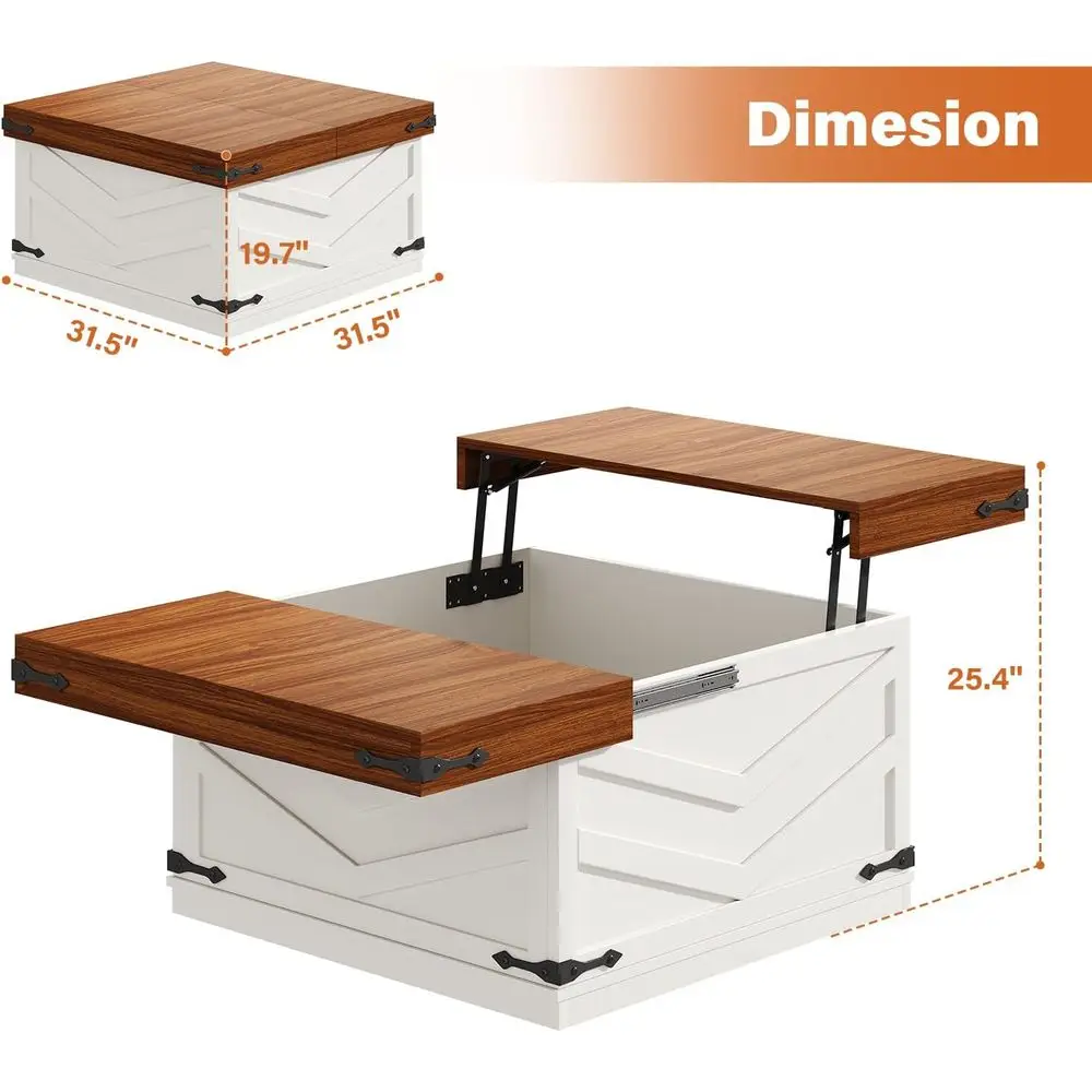 طاولة قهوة قابلة للرفع على طراز المزرعة مع مساحة تخزين منزلقة، باللون الأبيض، لغرفة المعيشة أو غرفة النوم أو المكتب المنزلي #2
