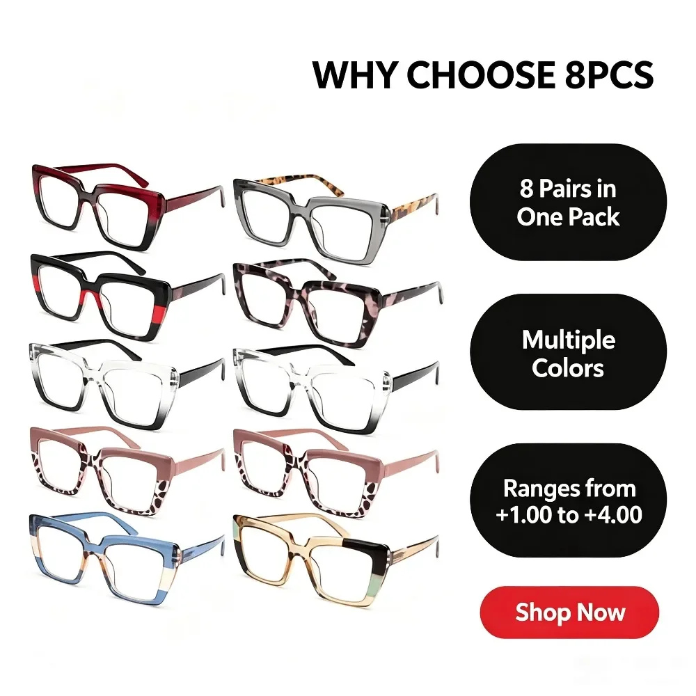 8-Pack Women's Square Reading Glasses, Fashionable Multi-color Pattern Frame Reader, HD Transparent Lenses, Lightweight Glasses, Magnification + 1.0~ + 4.0 Available, Random Color