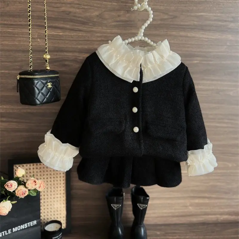 

Fshion Black Coat+Shortskirt 2PCS Kids Winter Thick Princess Clothes Set Toddler Girl Autumn Clothing Children Elegant Suit