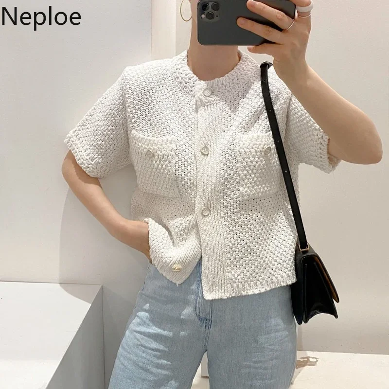 Neploe Korean Cardigan Women Clothing Short Sleeve Single Breasted Sweater O Neck Knit Black Tops 2023 Fashion White Coat Femme