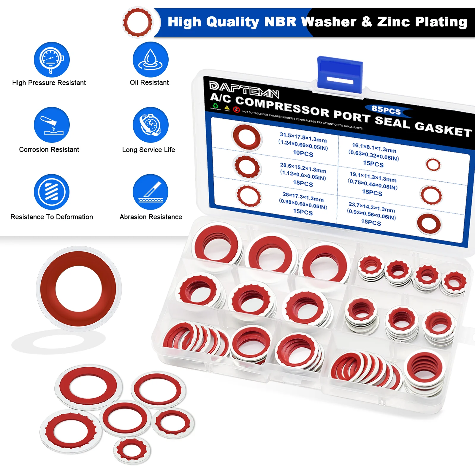 85PCS A/C O-Ring Assortment Kit, 6 Sizes Air Conditioning System Compressor Port Gasket Repairs Automotive Self-Centered Washer