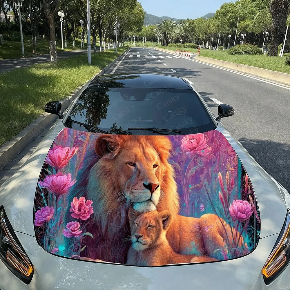 Flower Lion Cool Car Hood Sticker PVC Self Waterproof Stick, Striking Auto Exterior Accessories Decor Protect Gift for Car Lover