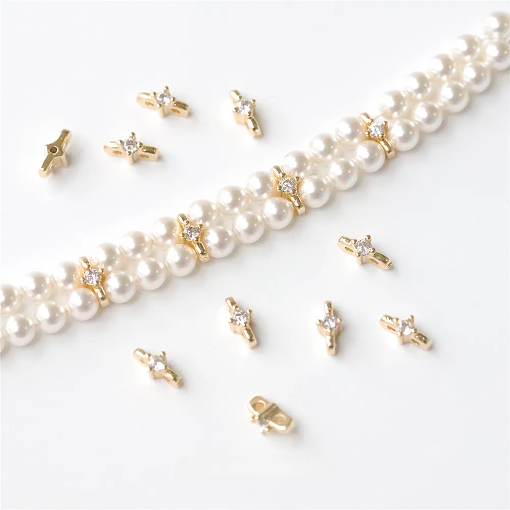 Copper Gold-plated Micro-inlaid Zircon Double-row Bead Spacer Loose Bead Necklace Bracelet DIY Handmade Beaded Accessories