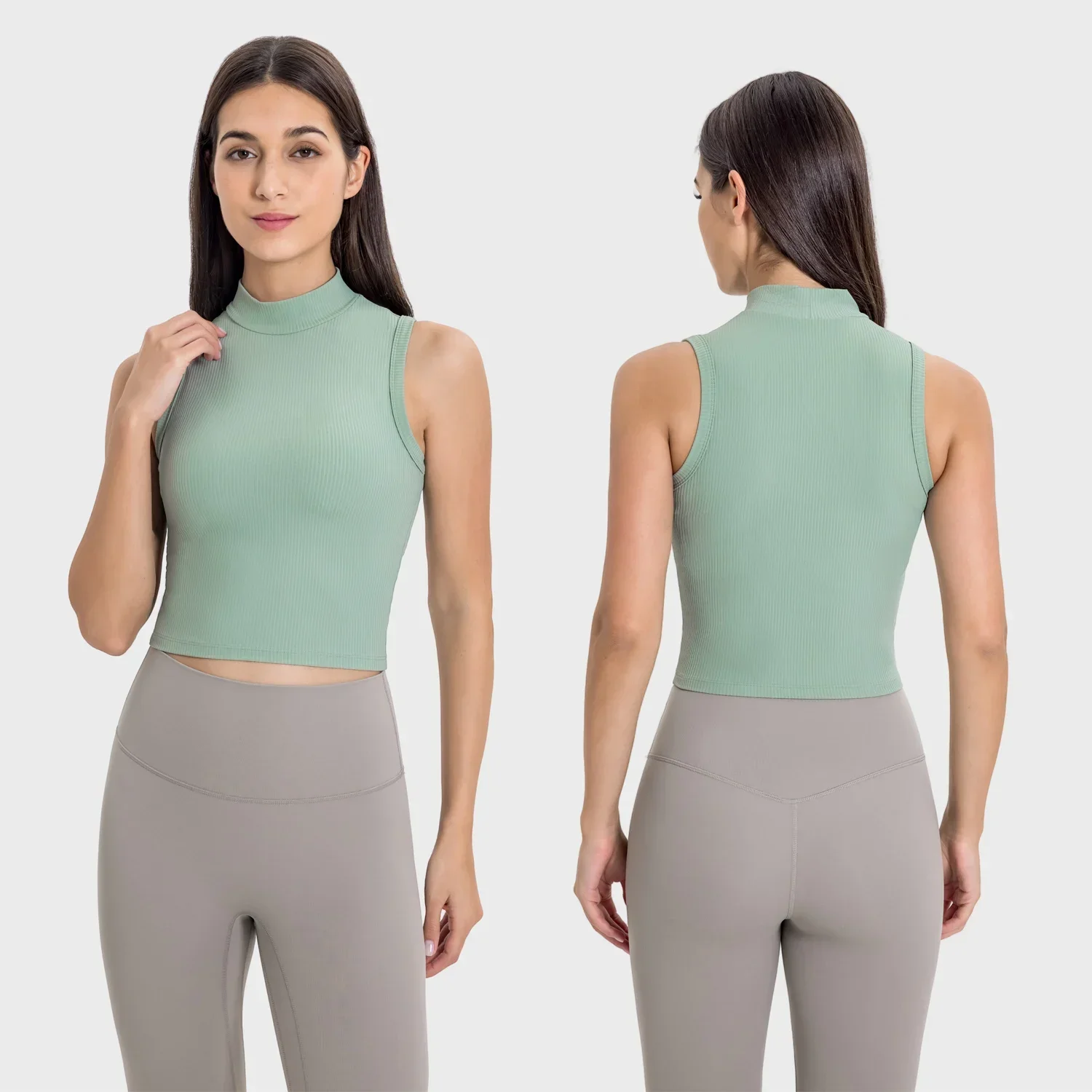 Classic Ribbed High-neck Tight fit Cropped Tank Top Buttery-soft Sweat-wicking Four-way Stretch Women's Yoga Running Shirt