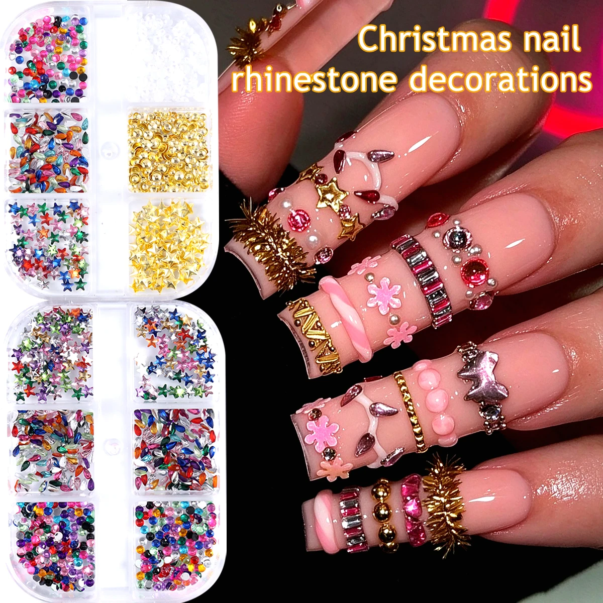 Mixed Christmas Nail Rhinestones Decoration, 3D Star Colorful Flatback Round Crystal Gems Nail Art Rhinestone for Holiday