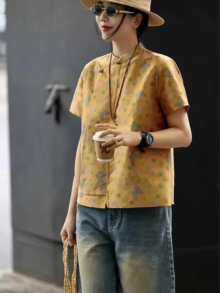 

Ele Chinese Sle Women's irt National Sle Retro High-End Tang Costume Button up Top Summer New Arrival Small irt